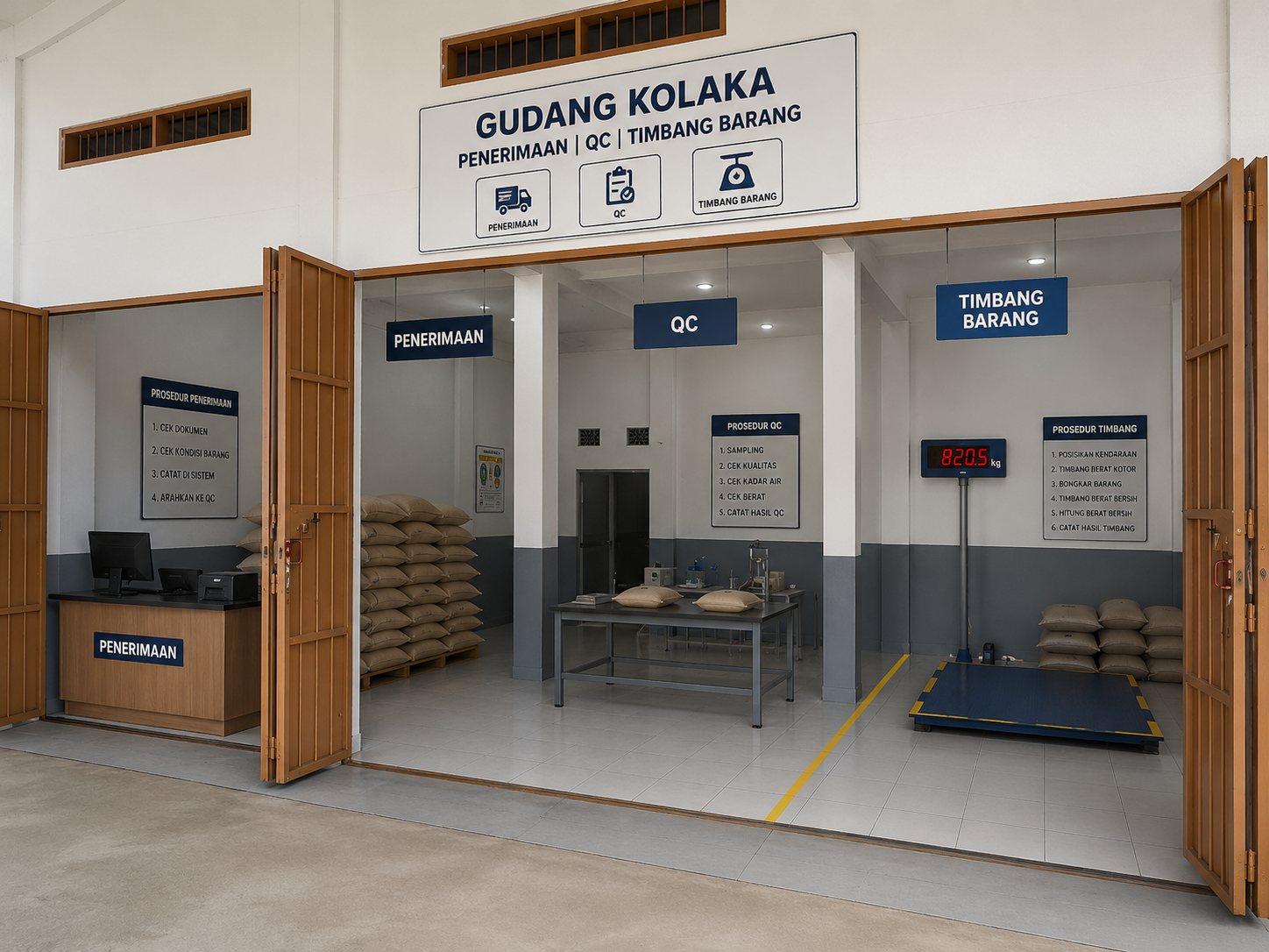Receiving, quality control, and weighing area at Kolaka warehouse